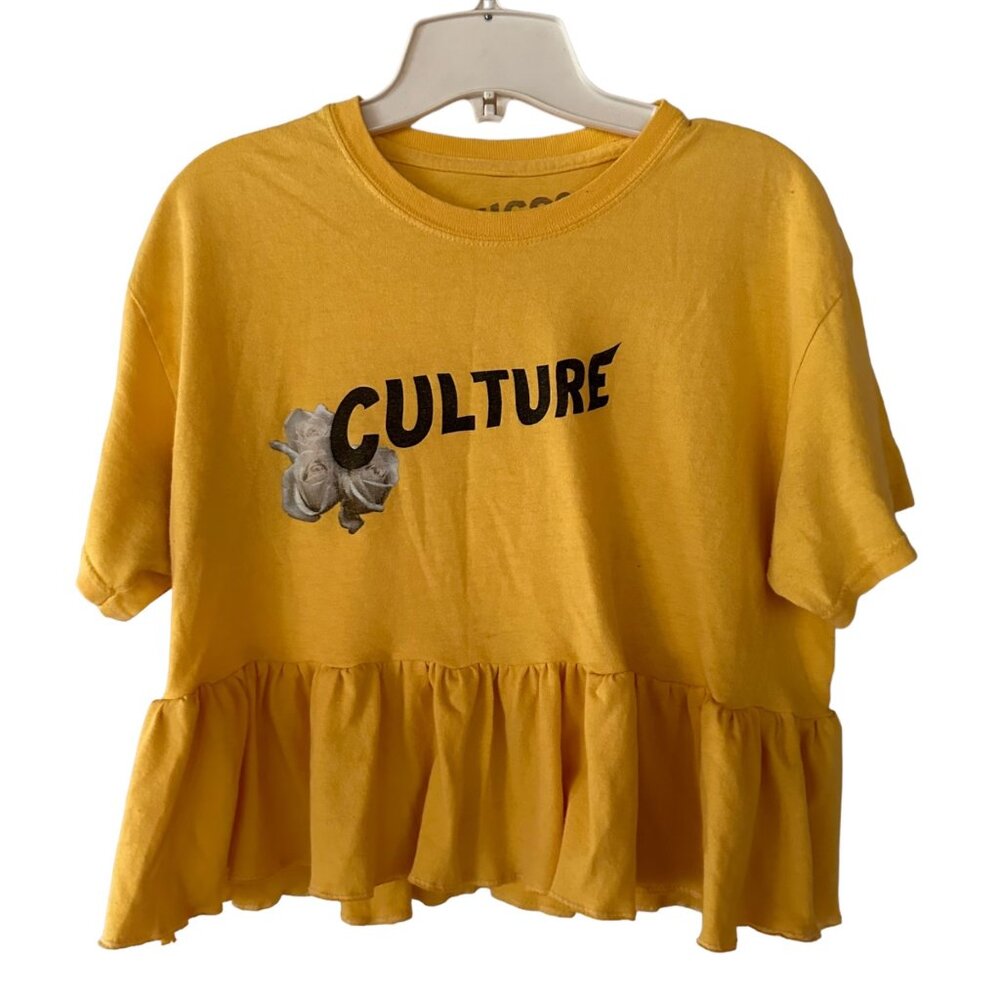 Custom Ruffled Migos Culture Cropped Tee Shirt M Yellow Upcycled Rebuilt Sporty